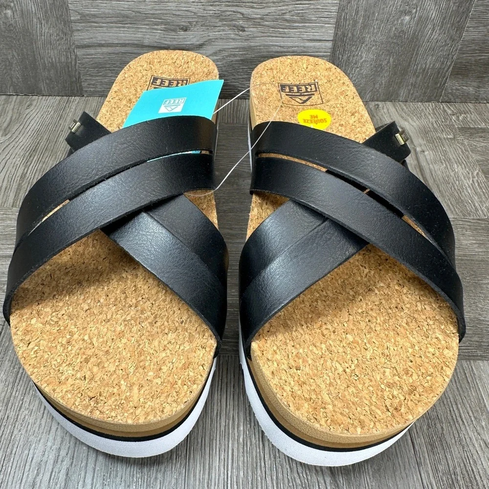 Reef Vista Hi Sandals Women 10 Black Platform Vegan Leather Cork Slide NEW